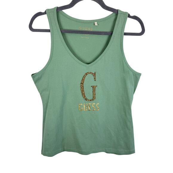 Guess Tops - GUESS Green Gold Rhinestone "G"‎ V-Neck Lightweight Tank Top Size L